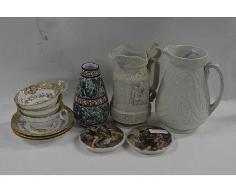 Group of English ceramics including a Ridgeways jug, further Copeland jug, group of three 19th Century cups and saucers, two 