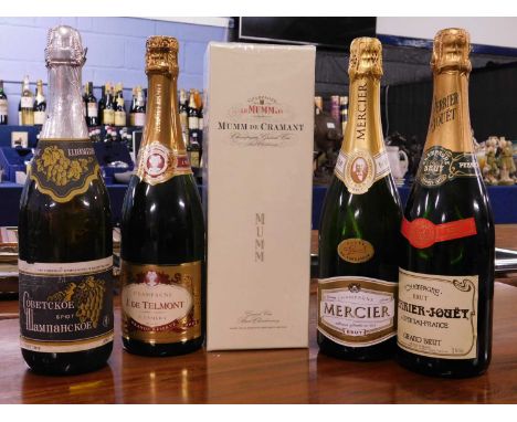 Mumm de Cremant Champagne Grand Cru, in presentation box, Perrier Jouet champagne, and three other bottles of champagne and s