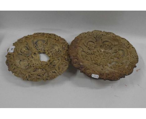 Two Castle Hedingham pottery bowls, signed E Bingham, decorated with Medieval type design, one with significant hole to centr