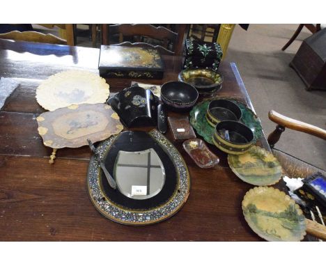 A collection of Victorian papier mache wares and others to include a tea caddy decorated with Lilly of the Valley, a wall poc