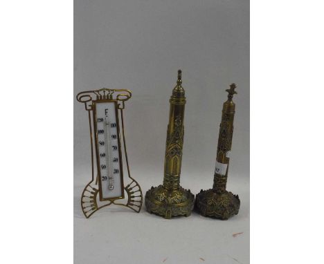 Mixed Lot: A pair of brass pull out Days patent candle screens set within tubular frames with gothic arches together with a f