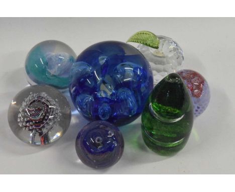 Box containing six paperweights, Langham glass examples and Caithness lacemaker example