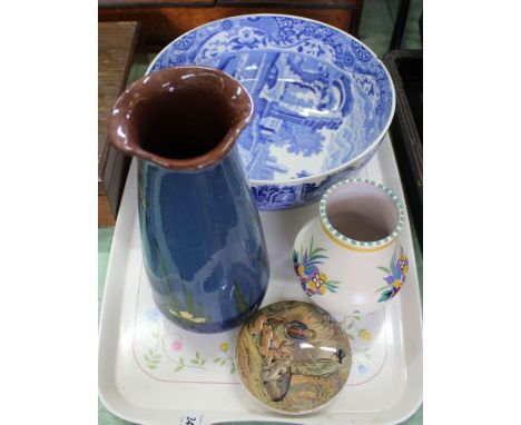 A Copeland Spode Italian bowl, Poole and Torquay vases plus a pot lid The Game Bag