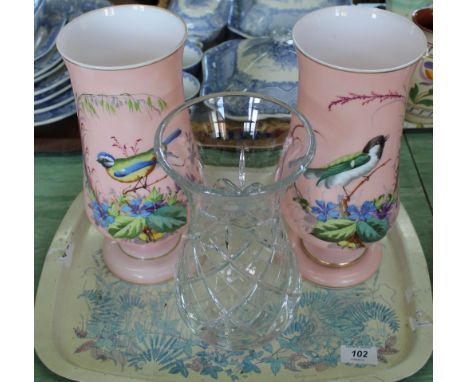 A pair of Victorian pink bird and floral opal glass vases plus a cut glass vase