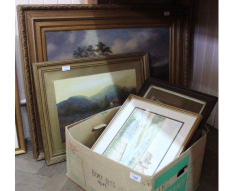 Oil on board of a lake scene with boat and fisherman and other pictures plus a yacht weather vane section, drum and other ite