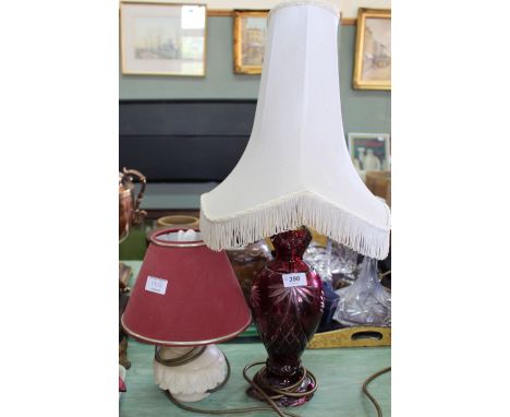 A Bohemian mauve overlaid glass table lamp plus a carved alabaster lamp