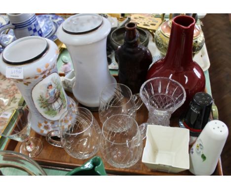 Two trays of mixed ceramics and glass including a reform flask