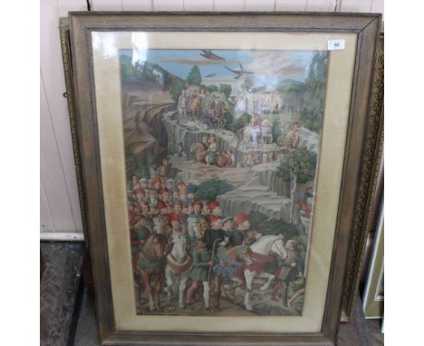 A coloured print of a mediaeval procession plus two wall mirrors