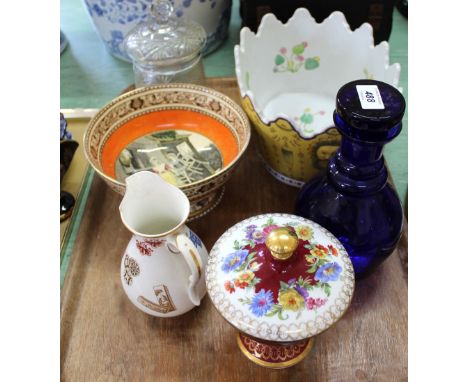 A blue glass decanter, Adams Cries of London bowl plus other china and glass