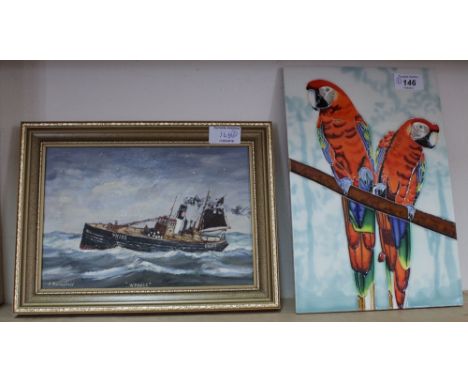 R.Bedingfield oil on board of vessel YH105 Wydale plus a parrot decorated tile