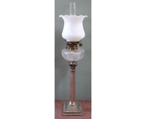 A silver oil lamp, Sheffield 1896 Corinthian column with cut glass bowl