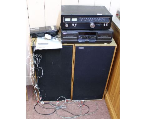A vintage NAD model 60 stereo amplifier, Sharp Optonica turntable, Techic's cassette deck, Sansui tuner plus a pair of Celest