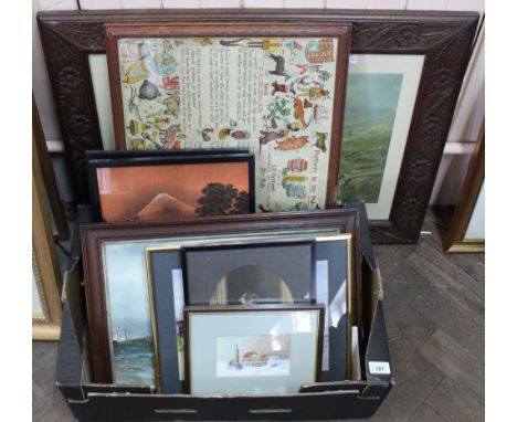 A highland cattle print in carved oak frame plus a box of pictures and prints