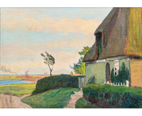 Otto Heinrich Engel (Erbach/Odenwald 1866 - Glücksburg 1949). Kleines Haus in Nieblum. 1902/1932. Öl/Lw./Karton. 31,5 x 42 cm