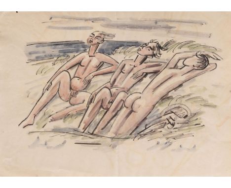 Emil Maetzel (Cuxhaven 1877 - Hamburg 1955). Knaben am Strand. Aquarell über Tuschfederzeichnung. 42,5 x 59 cm. Ungerahmt. Bu