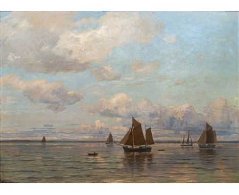 Friedrich Kallmorgen (Altona 1856 - Grötzingen 1924). Boote auf der Elbe. 1907. Öl/Lw. 100 x 136 cm. L. u. sign. und dat. Fr.