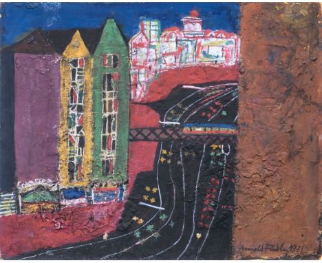 Arnold Fiedler (Hamburg 1900 - Hamburg 1985). Straße mit Hochbahnbrücke. 1971. Gouache und Mischtechnik/Karton. 41,5 x 51,5 c