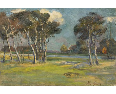 Helene Cramer (Hamburg 1844 - Hamburg 1916). Landschaft mit Baumgruppen. Öl/Lw. 36 x 52 cm. R. u. sign. Hel Cramer, verso Fra