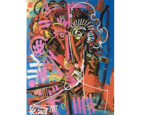 Leon Löwentraut (Kaiserslautern 1998). Here I am. 2018. Acryl über Pigmentdruck/Bütten. 107 x 81 cm. L. u. handmonogr. und da