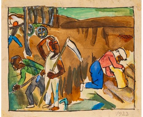 Erich Hartmann (Elberfeld 1886 - Hamburg 1974). Auf dem Felde arbeitende Bauern. 1922. Gouache. 12,5 x 15 cm. Ungerahmt. R. u