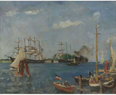 Ulrich Hübner (Berlin 1872 - Neubabelsberg 1932). Hafenausfahrt. Öl/Karton. 37 x 46 cm. L. u. sign. Ulrich Hübner. Verso Moti