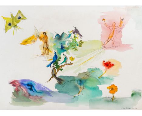Hélène de Beauvoir (Paris 1910 - Paris 2001). Paradies. Aquarell über Federzeichnung. 56 x 76 cm. R. u. sign. H. de Beauvoir,