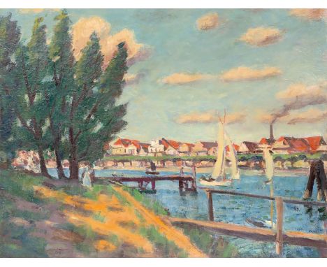 Ulrich Hübner (Berlin 1872 - Neubabelsberg 1932). Fischerhäuser an der unteren Trave. 1919. Öl/Lw./Karton. 61 x 79 cm. L. u. 