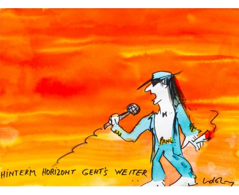 Udo Lindenberg (Gronau/Westfalen 1946). Hinter'm Horizont geht's weiter. Unikat. Aquarell über Filzstift. 36 x 47 cm. R. u. s