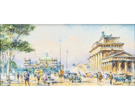 Detlev Nitschke (Berlin 1935). Brandenburger Tor und Reichstag. Öl/Holz. 12 x 26 cm. R. u. sign. Nitschke.   - Deutscher Vedu