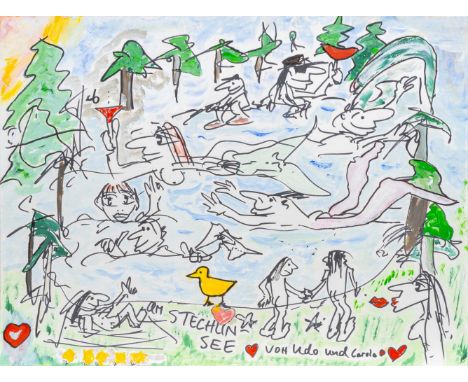 Udo Lindenberg (Gronau/Westfalen 1946). Am Stechlinsee. Unikat. Acryl über Filzstift/Papier. 42 x 56 cm. R. u. sign. 'von Udo