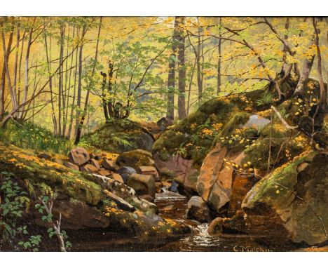 Carl Wilhelm Christian Malchin (Kröpelin 1838 - Schwerin 1923). Bachlauf im Frühlingswald. Öl/Lw./Karton. 22 x 30,5 cm. R. u.