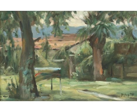 Michael Arp (Eutin 1955 - Grödersby 2013). Ulrikes Garten in Torricella. 1988. Öl/Hartfaser. 20 x 30 cm. R. u. sign. und dat.