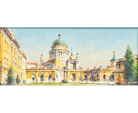 Detlev Nitschke (Berlin 1935). Potsdam, St. Nikolai. Öl/Holz. 11 x 25 cm. R. u. sign. Nitschke.   - Deutscher Veduten- und La
