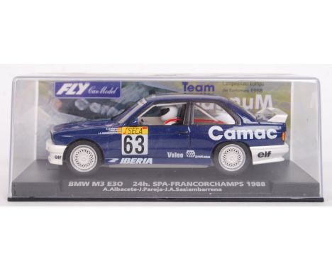 A 1/32 scale Fly Car Model 96092 BMW M3 E30 plastic racing slot car. Mint. Within its original plastic case.&nbsp;