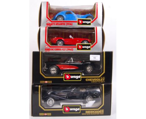 A collection of 4x Burago diecast models. Two being 1:24 scale ( Bugatti and Ford AC Cobra) and the other two being 1:18 scal