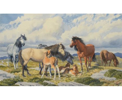 Charles Frederick Tunnicliffe RA, RE, ARCA (1901-1979)Horses and foals in a landscapeSigned, pencil and watercolour, 35cm by 