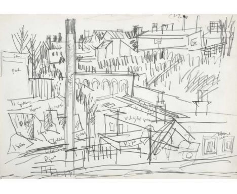Joash Woodrow (1927-2006)"Bridge and Chimney, Leeds"Pencil with annotations, 36.5cm by 52.5cmProvenance: 108 Fine Art, Harrog