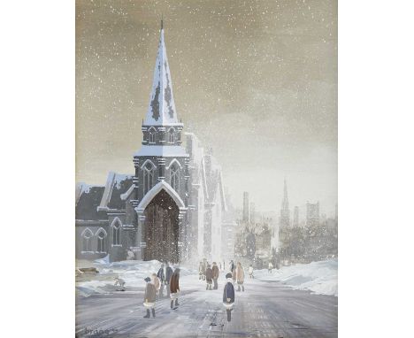 Brian Shields 'Braaq' FBA (1951-1997)Figures before a church in the snowSigned, oil on board, 27cm by 21.5cmSome very light s