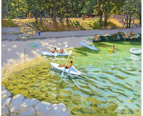 Andrew Macara NEAC (b.1944)"Canoes, Funtana, Croatia"Signed, inscribed verso, oil on canvas, 63.5cm by 76.5cmSome light surfa