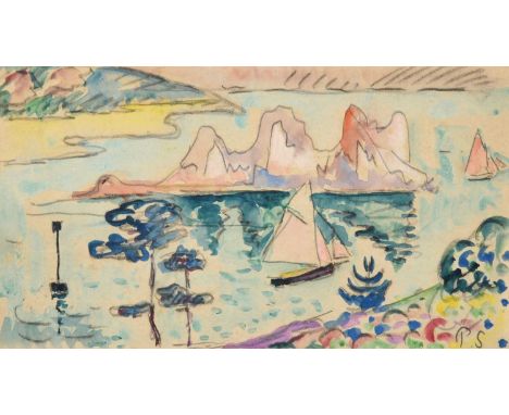Paul Signac (1863-1935) FrenchSailboats before an islandInitialled, pencil and watercolour, 11cm by 20cm Provenance: From the