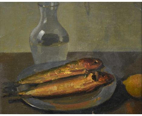 David R Anderson (1884-1973) ScottishStill Life of Kippers, a lemon and a carafe of water Oil on board, 28cm by 35.5cmProvena