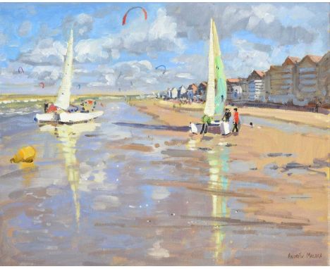 Andrew Macara NEAC (b.1944)"Sail Boats, Bray Dunes, France"Signed, inscribed verso and dated 2004, oil on board, 41cm by 50cm