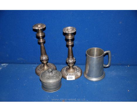 A pair of silver plated Candlesticks plus a pewter tankard and an 18th c. Pewter tobacco Pot with finial to lid in form of ge