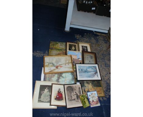 A quantity of prints to include; Salisbury Cathedral by Constable and an unsigned watercolour of a winters landscape, etc.