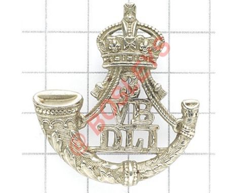 3rd VB Durham Light Infantry OR’s cap badge circa 1902-08. Die-stamped white metal crowned bugle, “3 / VB / DLI” between the 