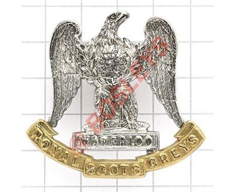 Royal Scots Greys Officer’s pre 1924 cap badge. A fine die-cast unmarked silver example with applied gilt scroll. J & Co (Jen