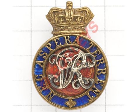 RMC Sandhurst Victorian Officer Cadet's cap badge. Crowned pierced circlet ''Nec Aspera Terrent'' on blue enamel; red enamel 