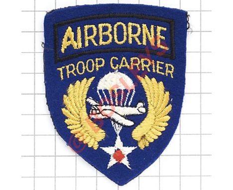 US. Airborne Troop Carrier WW2 cloth formation badge. Embroidered blue felt shield.  VGC 
