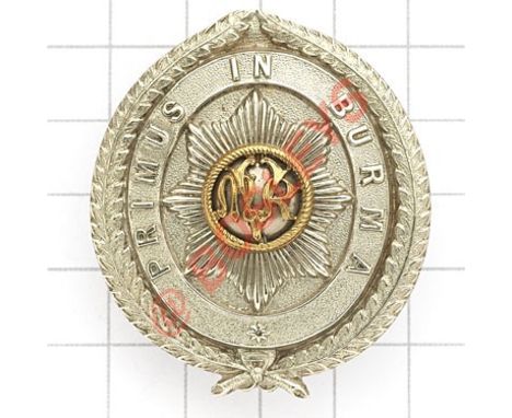 Indian Army. Moulmein Volunteer Rifles pre 1920 pagri badge. British made die-stamped white metal “Primus in Burma” oval bear