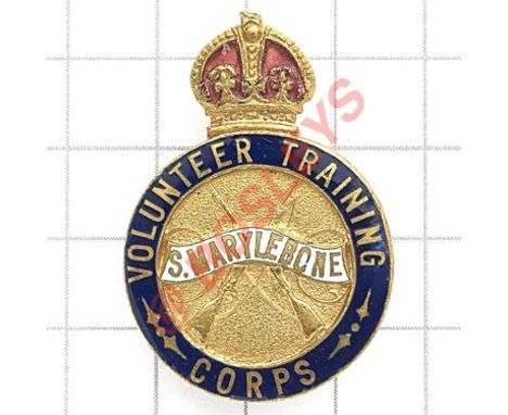 St. Marylebone Volunteer Training Corps WW1 VTC lapel / mufti badge. Brass with red, white and blue enamel  Buttonhole GC 